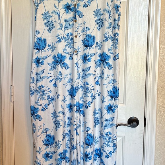 Meroketty Pants - Blue Floral Button-Front Jumpsuit With Pockets